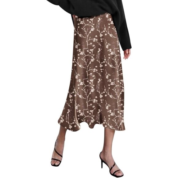Dresses & Skirts - Womens Brown & Tan Satin Fabric Elegant Breathable High Waist Pull On Midi Skirt